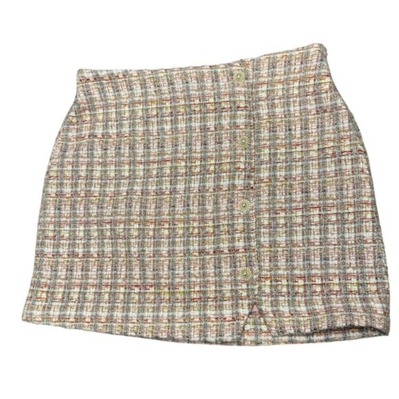 HOUSE OF HARLOW 1960 Pink Plaid Tweed Mini Skirt Pearl Buttons Medium - Picture 1 of 7